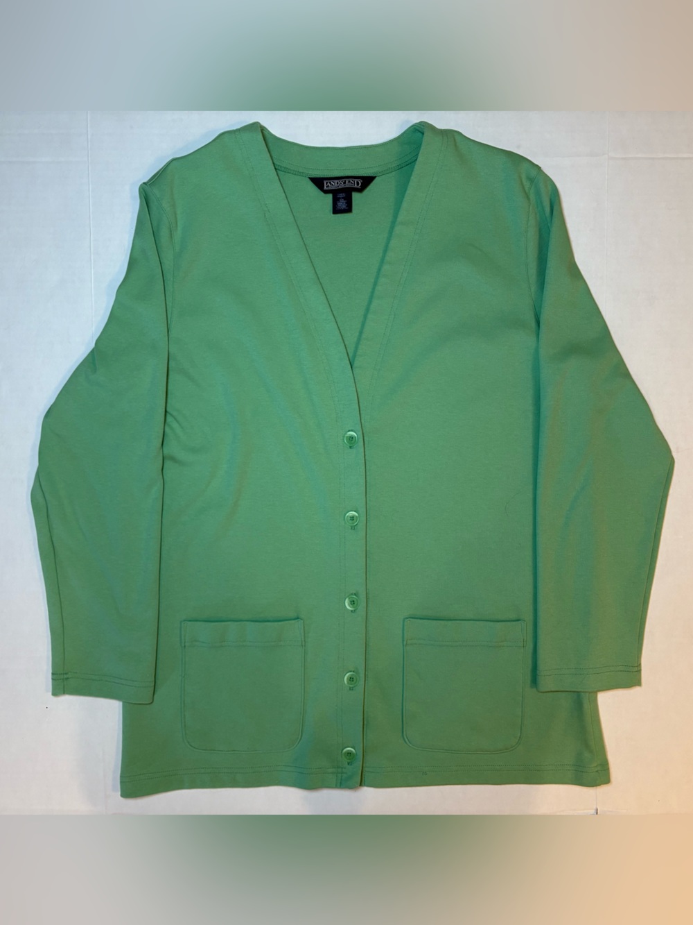 Lands’ End Light Green 100% Cotton V-neck Cardigan Size L